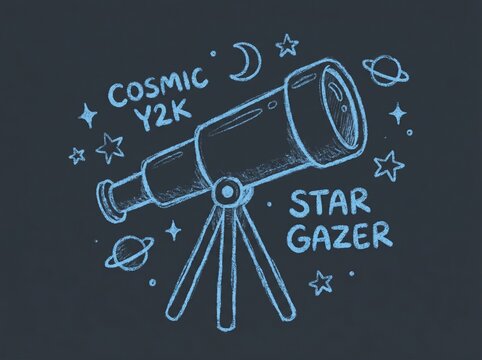 Cosmic y2k star gazer illustration with telescope and planets, telescope