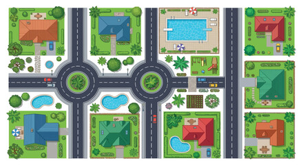 Obraz premium Residential area top down vector illustration with roads and landscaping