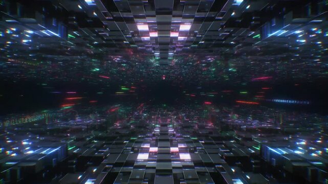 Digital glitch loading background with neon 3D cyber tunnel grid