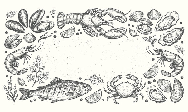 Vector vintage engraving illustration banner of seafood frame with fresh fish, lobster, crab, and various shellfish.