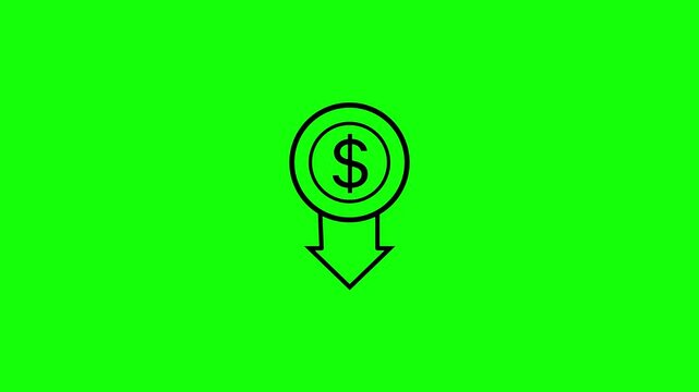 Dollar sign inside a circle with a downward arrow on a bright green background, symbolizing financial concept and business.