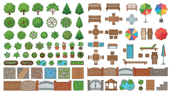 Top down vector illustration of trees furniture and garden elements