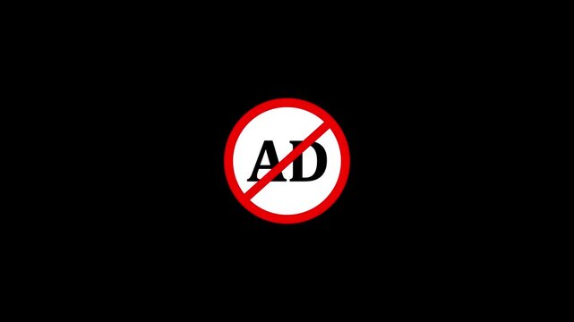 No ads warning animation with blocked ad icon concept on a dark background