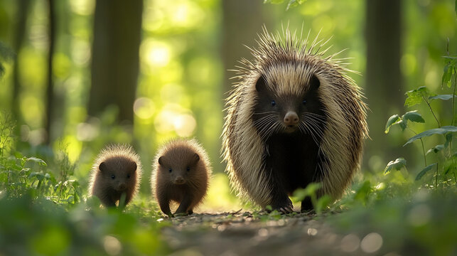 Mother porcupine walking with two babies on a sunlit dirt path in a lush green forest