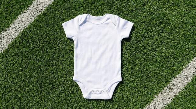 White baby onesie mockup on football field turf flat lay
