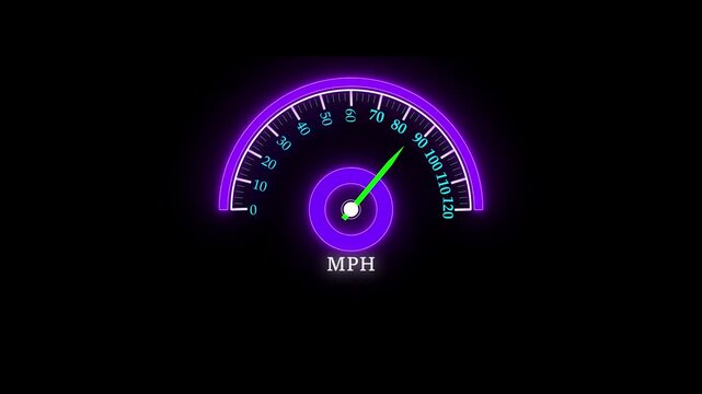 Animated neon speedometer dial indicating vehicle velocity against black background. Neon digital speedometer animation. Futuristic car gauge showing speed, velocity, and dashboard indicator.