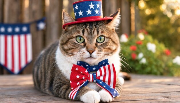 Fancy cat dressed in patriotic top hat and bow tie for american fourth of july celebrations today.