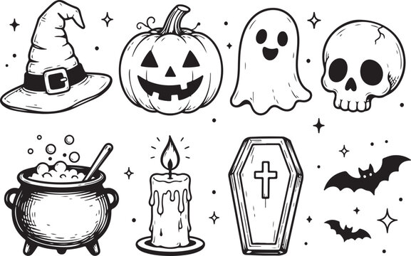 Collection of hand drawn halloween icons featuring a pumpkin witch hat and skull