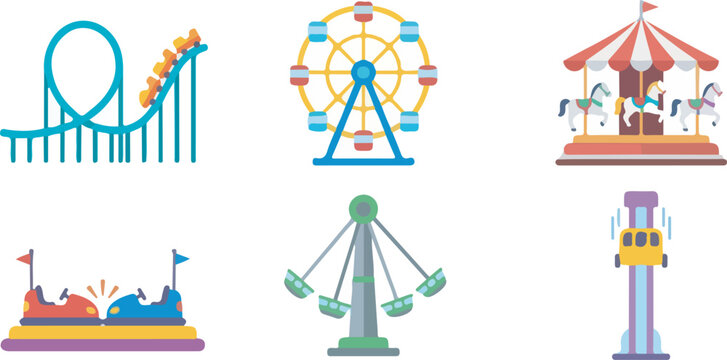 Amusement Park Rides Set: Roller Coaster Ferris Wheel and Carousel Icons