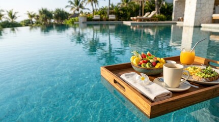 Obraz premium Luxury brunch tray with fruit and coffee floating in resort pool