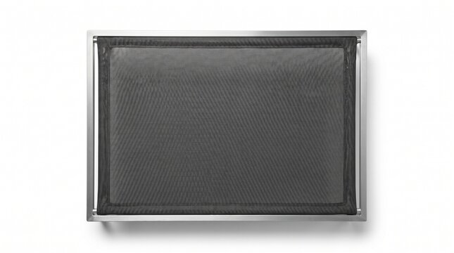 Rectangular industrial air filter with black carbon mesh and silver metal frame isolated on white background
