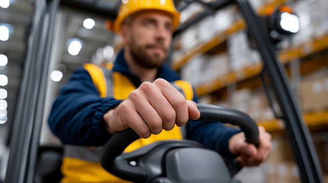 Close up of forklift driver hands on steering wheel inside cab, warehouse blurred in background