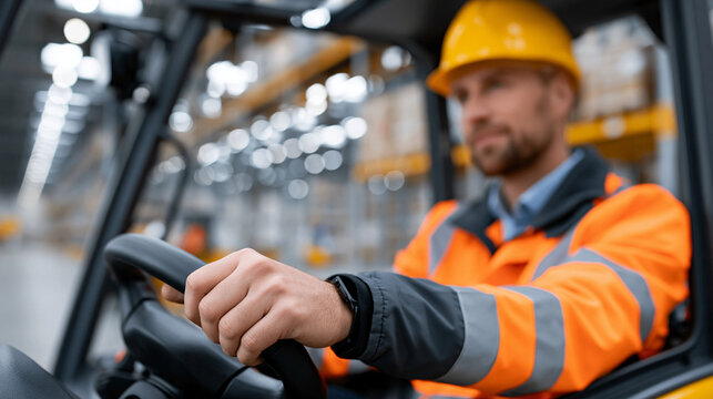 Close up of forklift driver hands on steering wheel inside cab, warehouse blurred in background