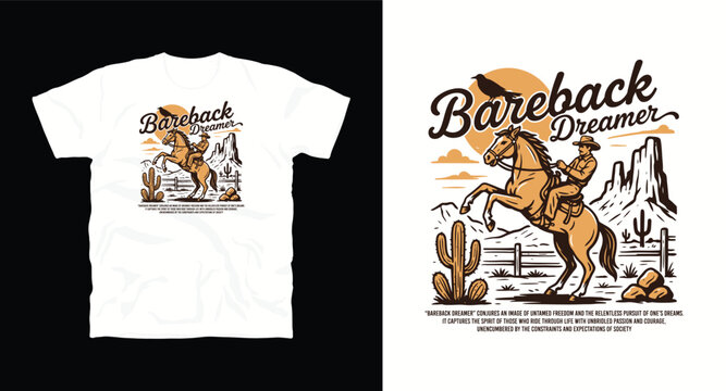 Bareback dreamer vintage western illustration with cowboy riding bucking horse in rocky desert landscape.
