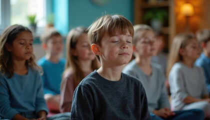 Fototapeta premium Children meditate with eyes closed in a calm classroom setting. Kids practice mindfulness and breathing exercises for mental well-being. Focus on inner peace and focus development.