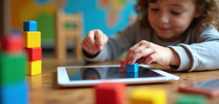 Child uses colorful building blocks on tablet device. Youngster learns playing game with digital tablet and tactile toys for early childhood development and education.