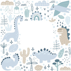 Cute dinosaur frame with nursery animals and plants for children bedroom wallpaper or invitation card. © MDJahangir