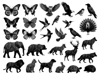 Obraz premium Wildlife biodiversity collection showing fingerprint animal silhouettes