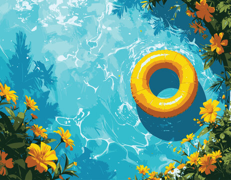 Water pool summer background with yellow pool float ring. Summer blue aqua textured
