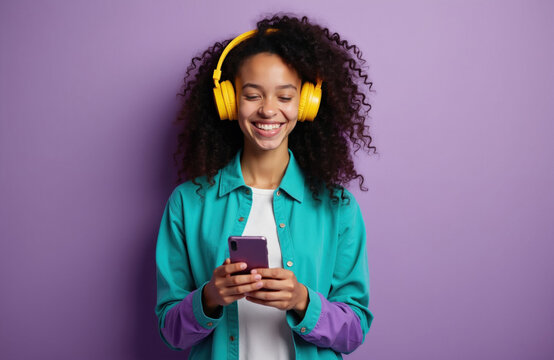 Young african american girl with curly hair listens music on headphones holding smartphone. Smiles happily, wearing turquoise shirt with purple accents against solid violet background. Casual teen