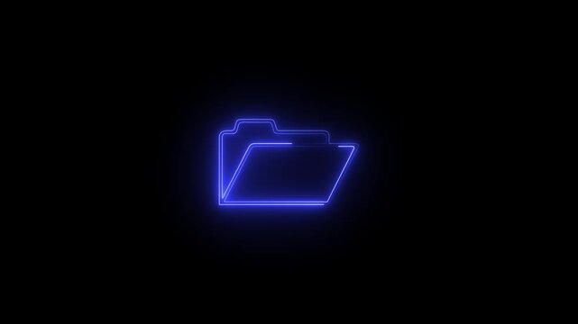 Neon blue folder icon animation, digital file management concept with glowing symbol for business, technology, and data storage interface on black background