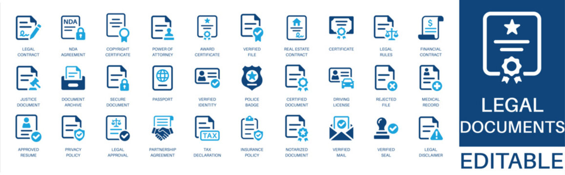 Legal documents and contract solid icon set. Featuring legal contract, nda agreement, privacy policy, power of attorney, and tax declaration. Editable vector glyphs for corporate compliance and audit.