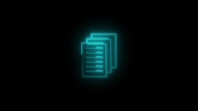 Neon glowing document stack icon animation, digital paperwork and file management concept, minimalist blue line for business technology and data processing interfaces