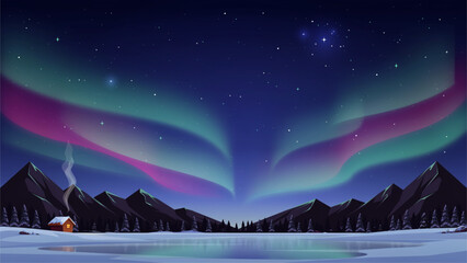 Aurora borealis glowing over snowy forest with pine trees at night © MDSAJU