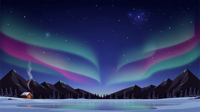 Aurora borealis glowing over snowy forest with pine trees at night