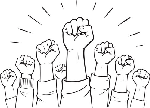 Many raised fists in the air symbolizing unity and protest in a simple line drawing