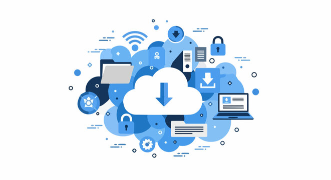 Cloud Computing and Data Storage Concept Illustration with Technology Icons for Network Security and Digital Information Management