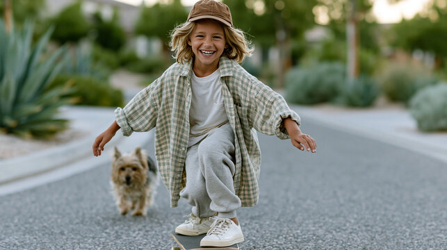 A blond, ten-year-old boy from Europe or America wears a brown baseball cap, a light green and beige checkered loose-fitting long-sleeved shirt over a white T-shirt, light gray swe