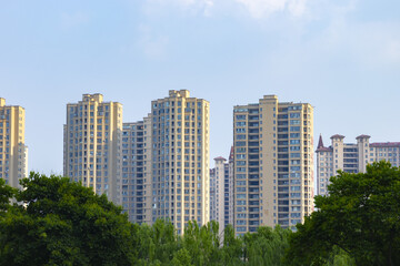 Modern apartment buildings above urban trees under blue sky © TrinhBaoTran