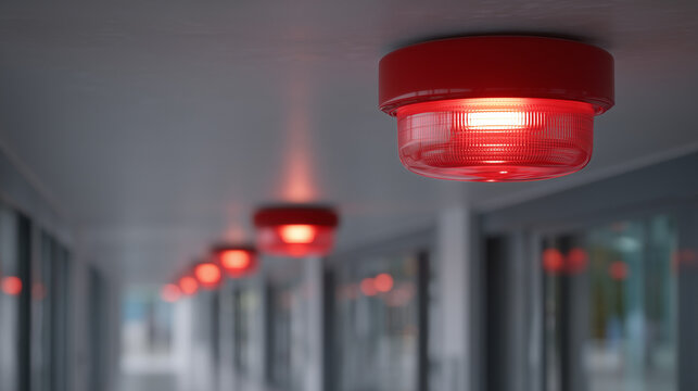 Red fire alarm devices installed on a modern building ceiling, representing fire safety, emergency systems, building protection, security compliance, and risk prevention.