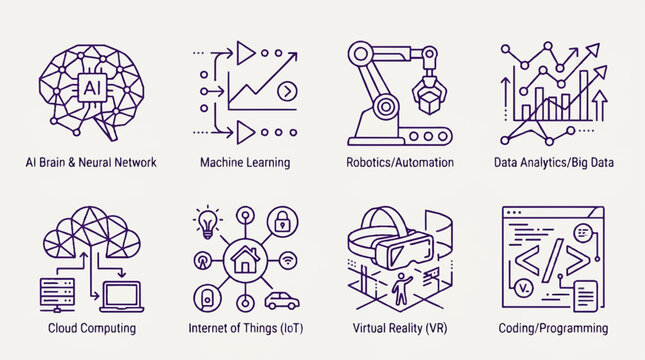 Technology icons set, AI, machine learning, robotics, data analytics, cloud computing, IoT, VR, coding