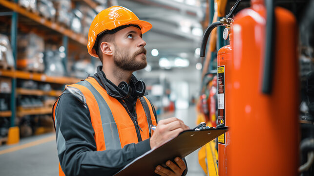 Industrial safety inspector checking a fire extinguisher during a workplace inspection, emphasizing fire protection, compliance, occupational safety, and equipment maintenance.