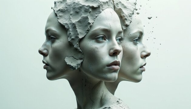 Fragmented faces merge and crack, showing multiple personalities. Concept of mental disorder and identity fragmentation. Psychological split.