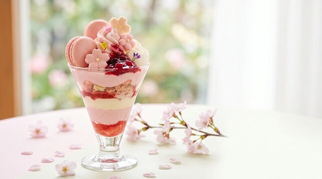 Pink Cherry Blossom Parfait with Macarons and Berries isolated PNG with Transparent Background