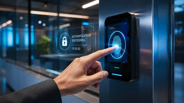Biometric fingerprint scanner authorization on modern office door interface. Successful authentication access control, smart cyber security and data protection concept.