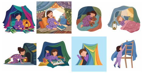 Cute little girls playing, reading and sleeping in cozy DIY blanket forts and pillow tents, childhood imagination and slumber party concept illustration set