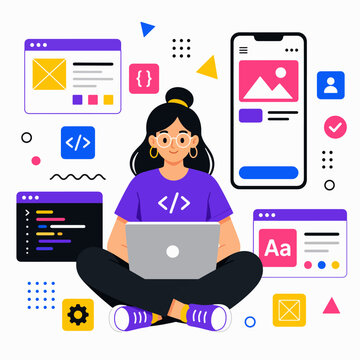 Female Programmer Coding on Laptop with Web Development and Mobile App UI UX Design Elements