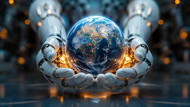 Cyborg robotic hands holding glowing planet Earth sphere. Global artificial intelligence, planet protection, future technology network and worldwide connection concept.