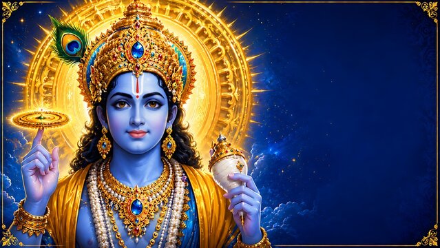 Lord Vishnu on Vaikunth Ekadashi, Krishna/Krushna Janmashtami, Ram Navami, Narsimha Jayanti, Onam, Ekadashi Vrat, Ananta Chaturdashi, Tulasi Vivah, Nirjala Ekadashi, Varah Jayanti, Aashadhi Ekadashi