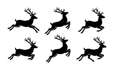 Fototapeta premium Running Christmas Reindeer Silhouettes Collection Stylized Deer Vector Illustration