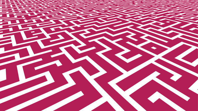 Abstract white maze pattern on magenta surface, perspective labyrinth floor design. Vector EPS.