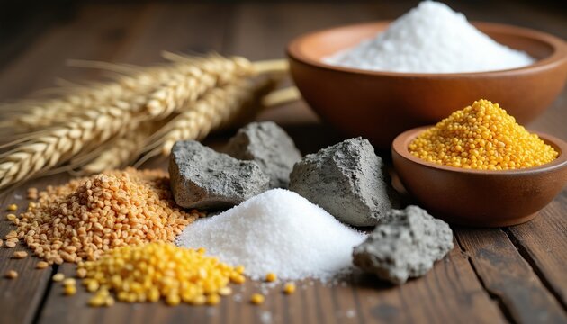 Collection of raw agricultural grains and mineral rocks on rustic wood. Includes wheat ears, salt, yellow seeds, and grey stones. Represents natural resources for food and industry.