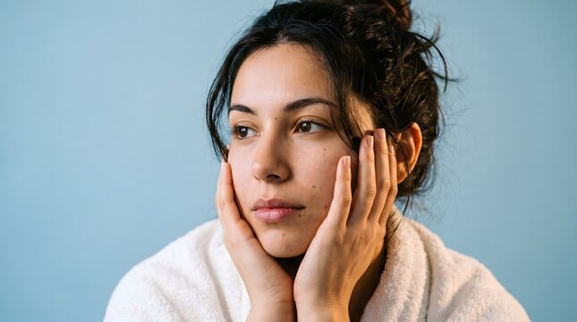 Beautiful brunette female wearing spa robe resting hands on cheeks inside blue studio representing facial therapy, health and spa.
