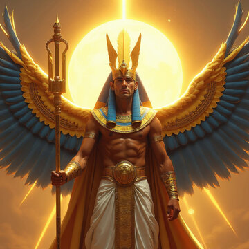 Winged Egyptian god Amun Ra stands powerfully with sun disc behind him. He holds golden staff wearing headdress. Regal deity wears white kilt and ornate gold jewelry.