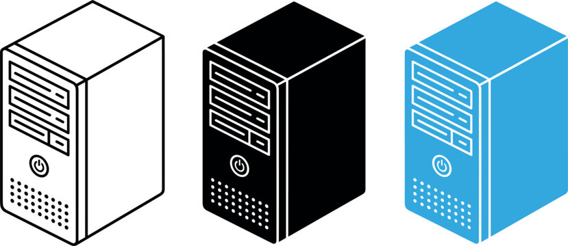 Isometric Desktop Computer Tower Case Icon Set with Central Processing Unit Symbols for Technology, Hardware, Data, and Office Network Engineering DesignsIsometric Desktop Computer Tower Case Icon Set