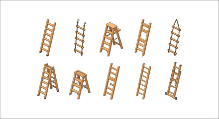 Collection of wooden ladders and step stools in an isometric vector style © Ramkrisna